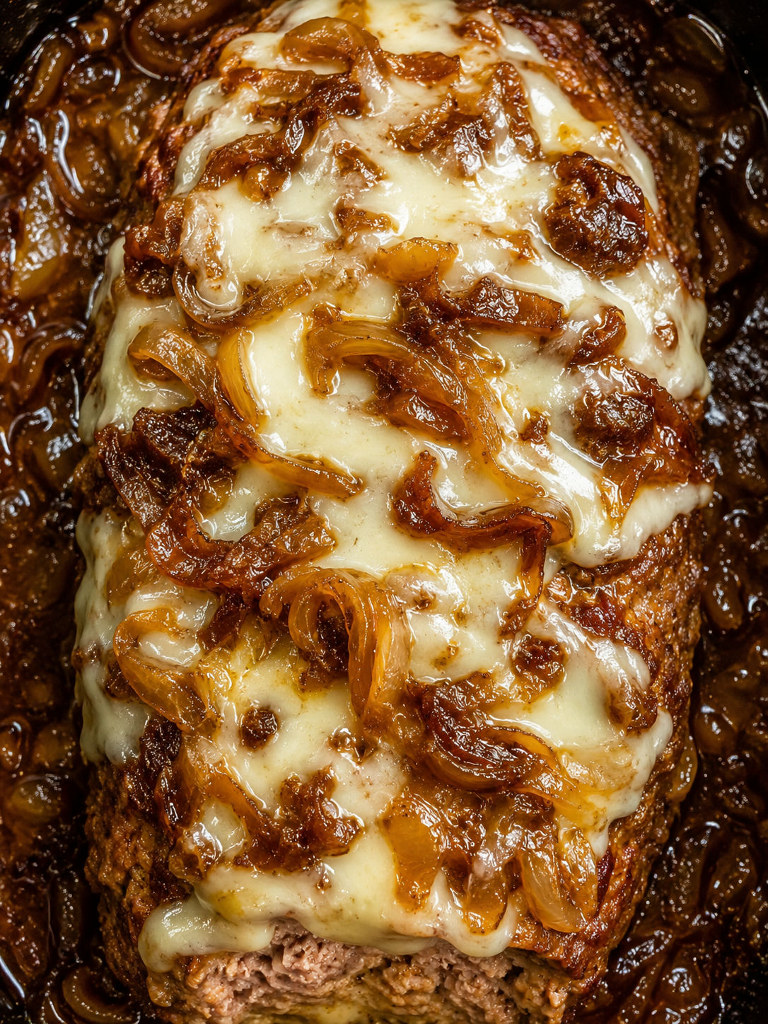 Crockpot French Onion Meatloaf with Melted Swiss seen from above