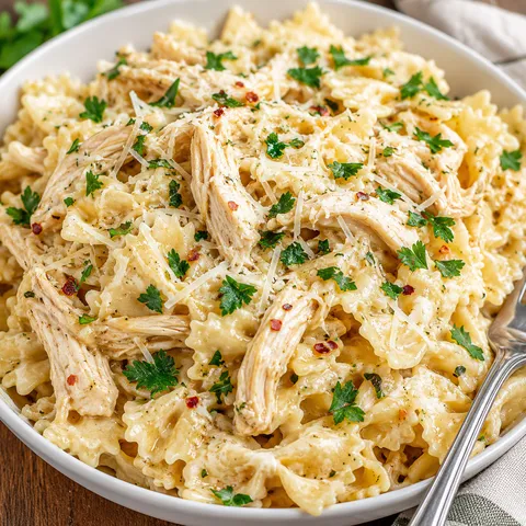 Creamy garlic parmesan chicken pasta with parsley in a white bowl
