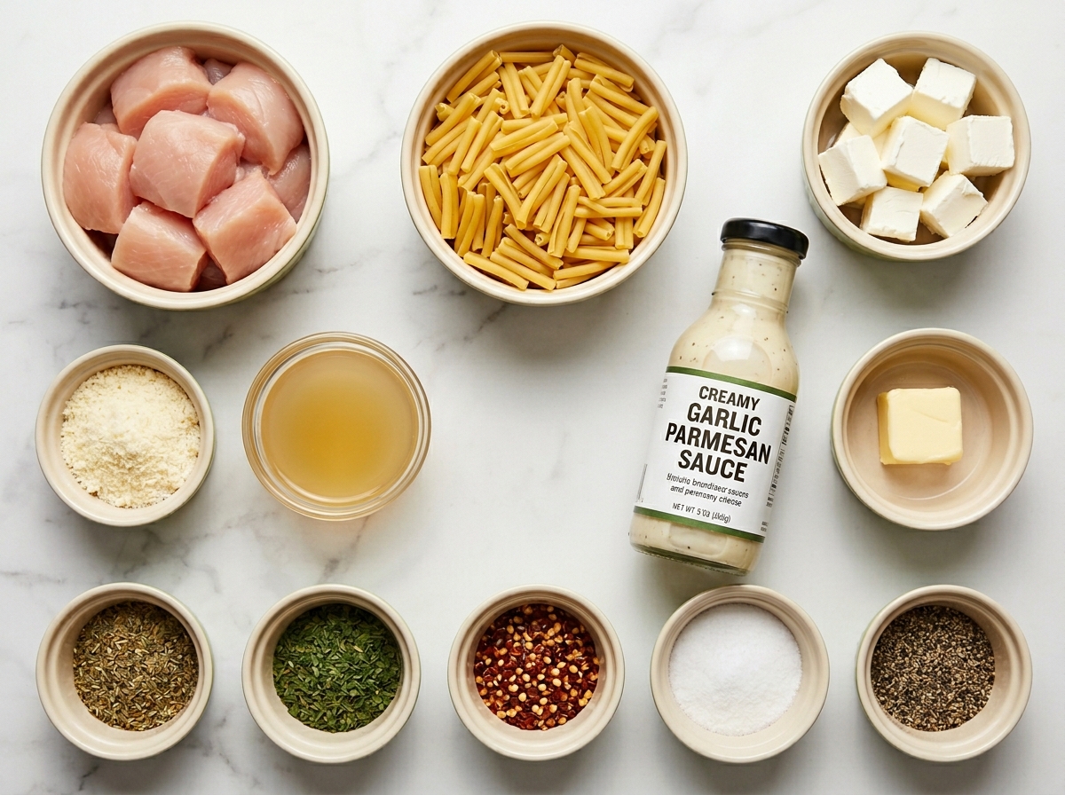 Ingredients for garlic parmesan chicken pasta arranged on a wood surface