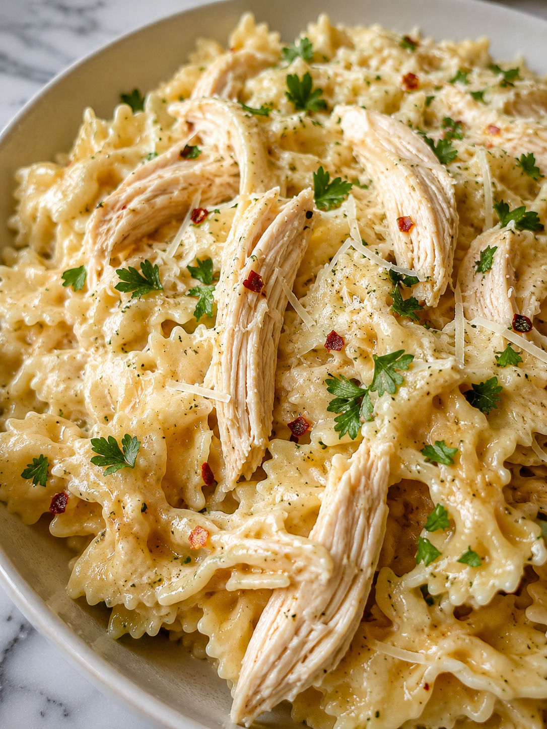 Crockpot Garlic Parmesan Chicken Pasta, plated and served