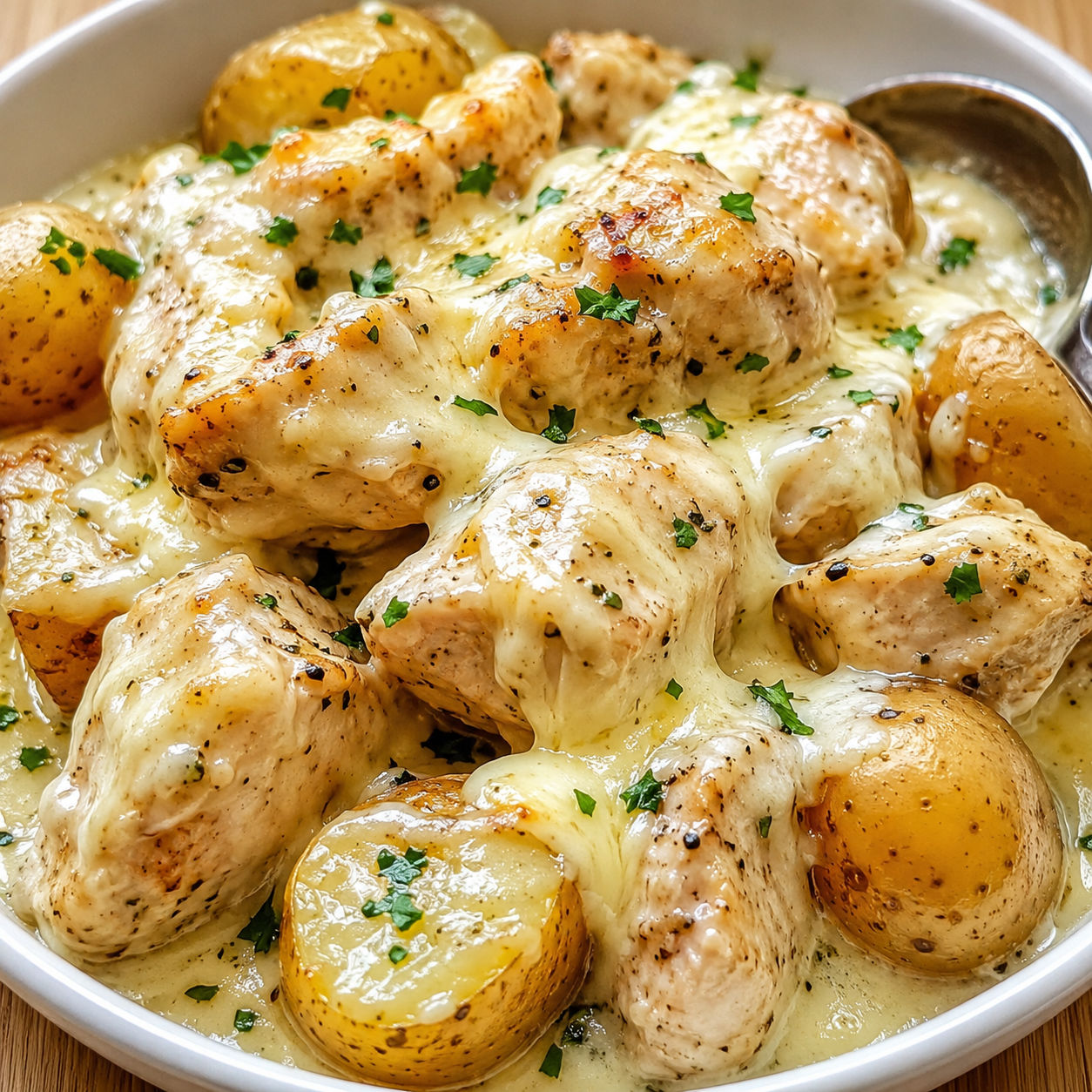 Cheesy garlic parmesan chicken and potatoes with parsley