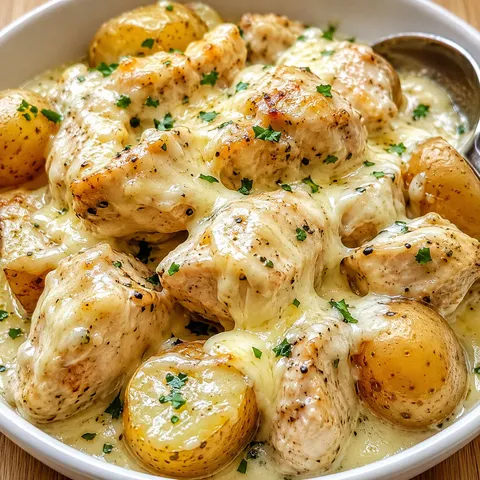 Cheesy garlic parmesan chicken and potatoes with parsley