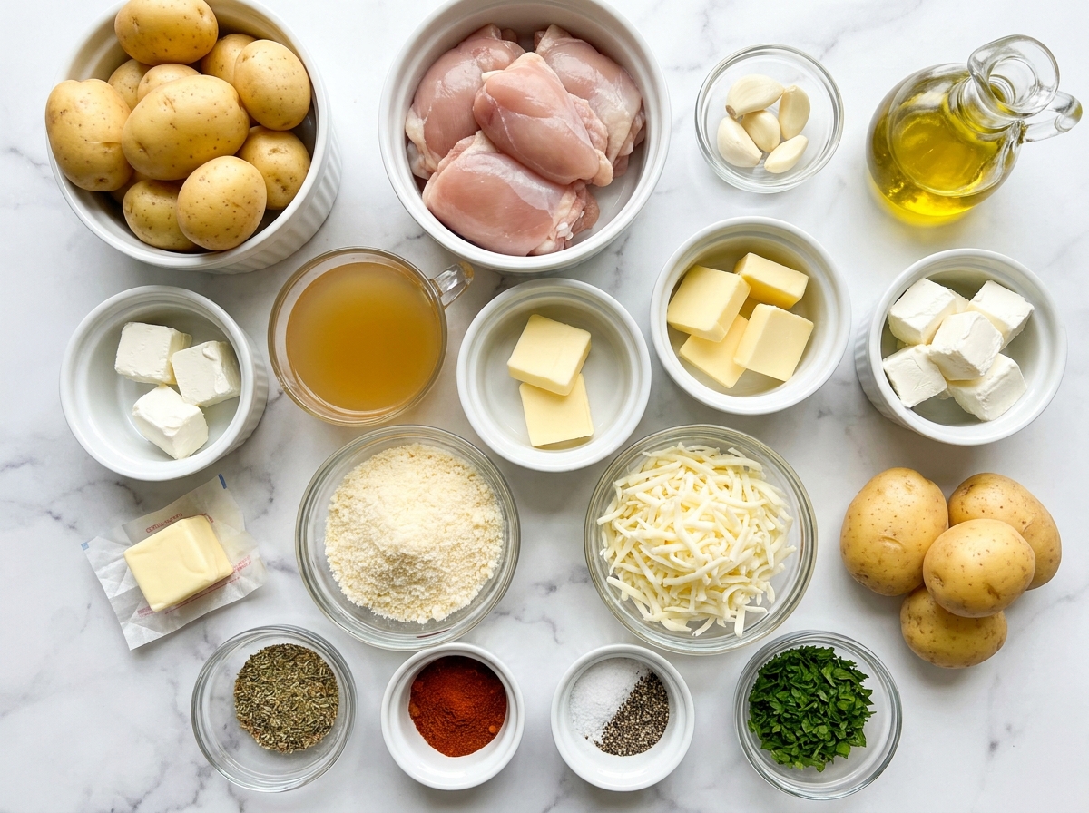 Ingredients for garlic parmesan chicken with potatoes and cheese
