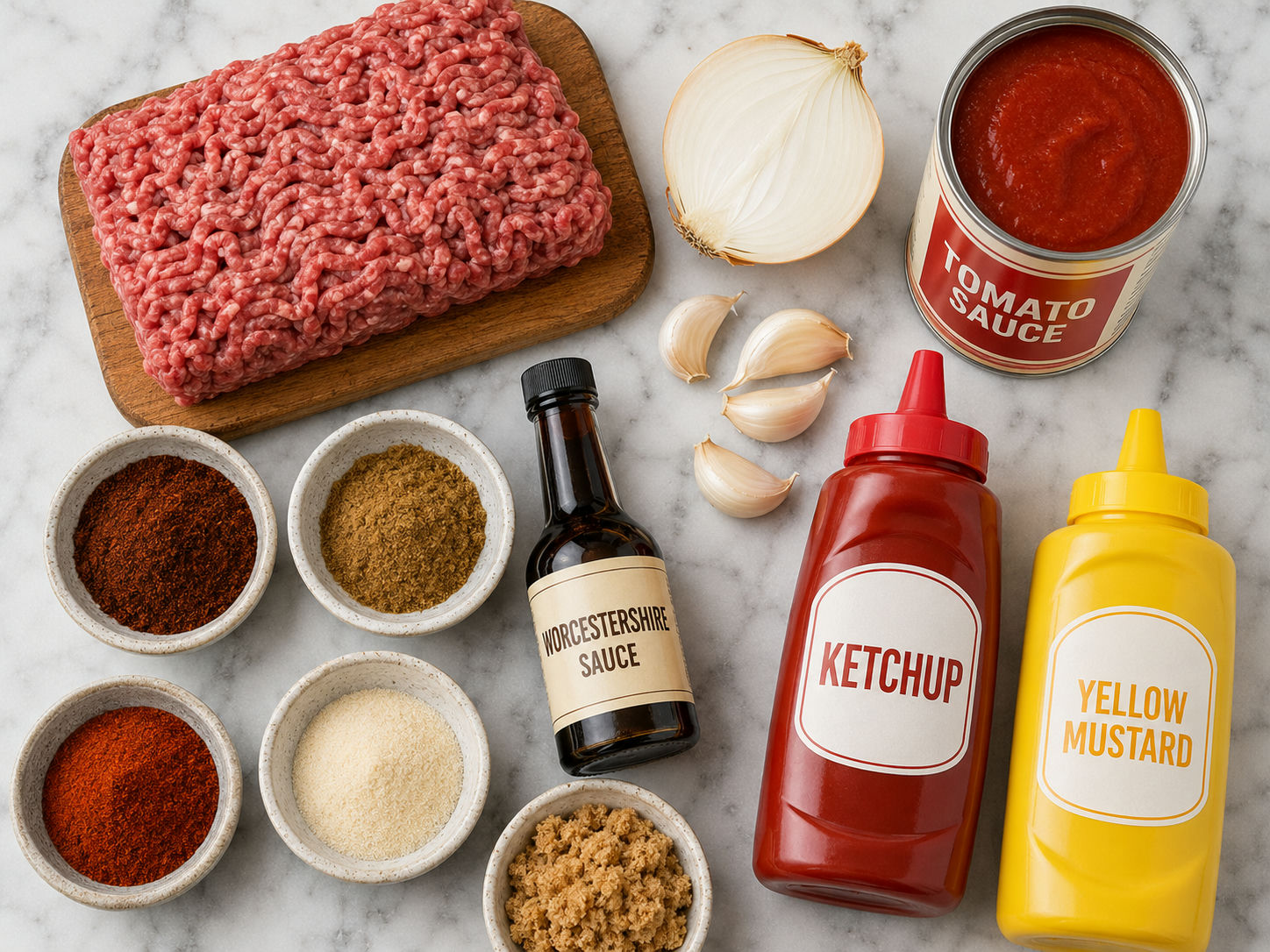 Raw ingredients for crockpot hot dog chili including ground beef, spice bowls, and condiment bottles on a wooden surface