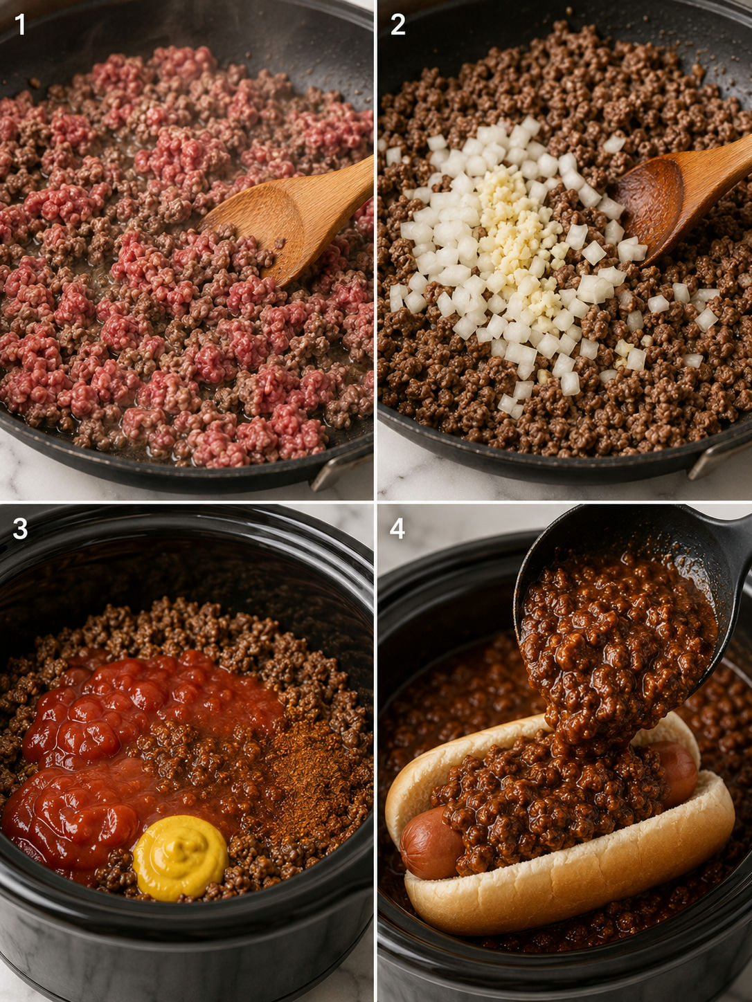 Four cooking steps for crockpot hot dog chili: browning beef, adding aromatics, loading the crockpot, spooning over a hot dog