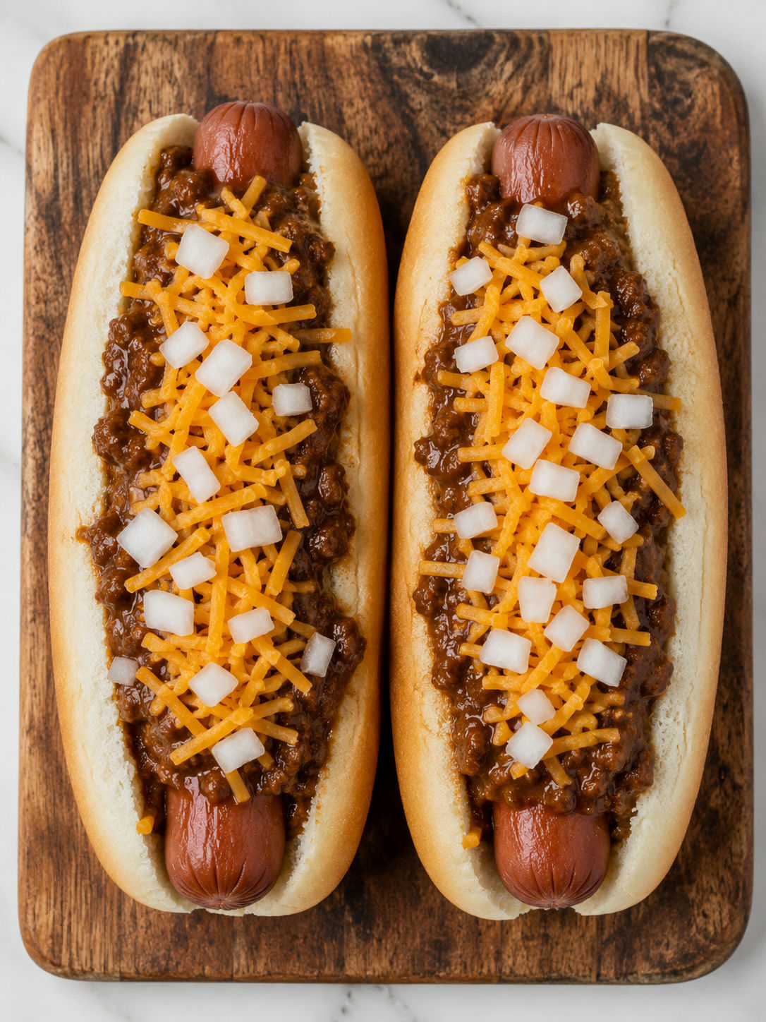 Two chili dogs with crockpot hot dog chili, shredded cheddar, and onion on a wooden board