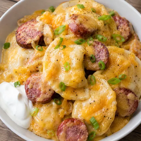 Creamy pierogi casserole with kielbasa, cheddar, and green onions