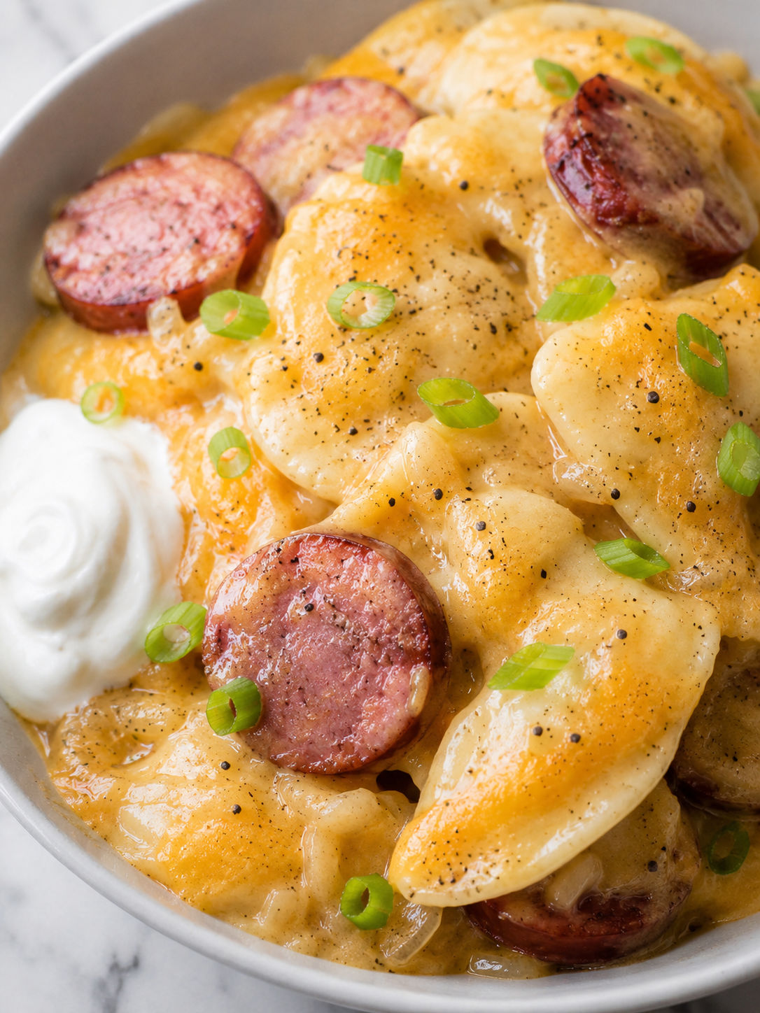 Crockpot Pierogi Casserole with Kielbasa, plated and served
