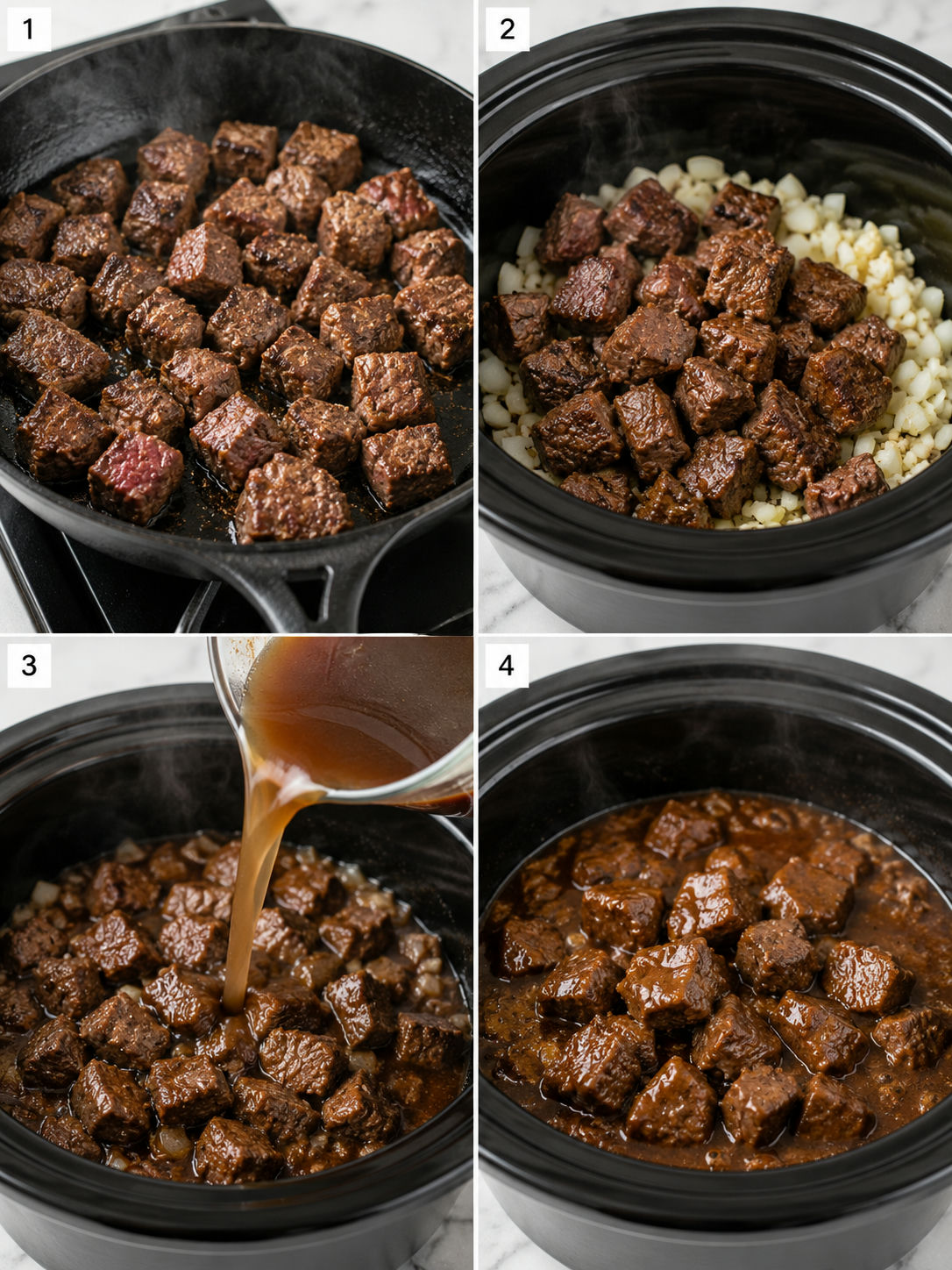 Four cooking steps for crockpot steak bites with au jus gravy