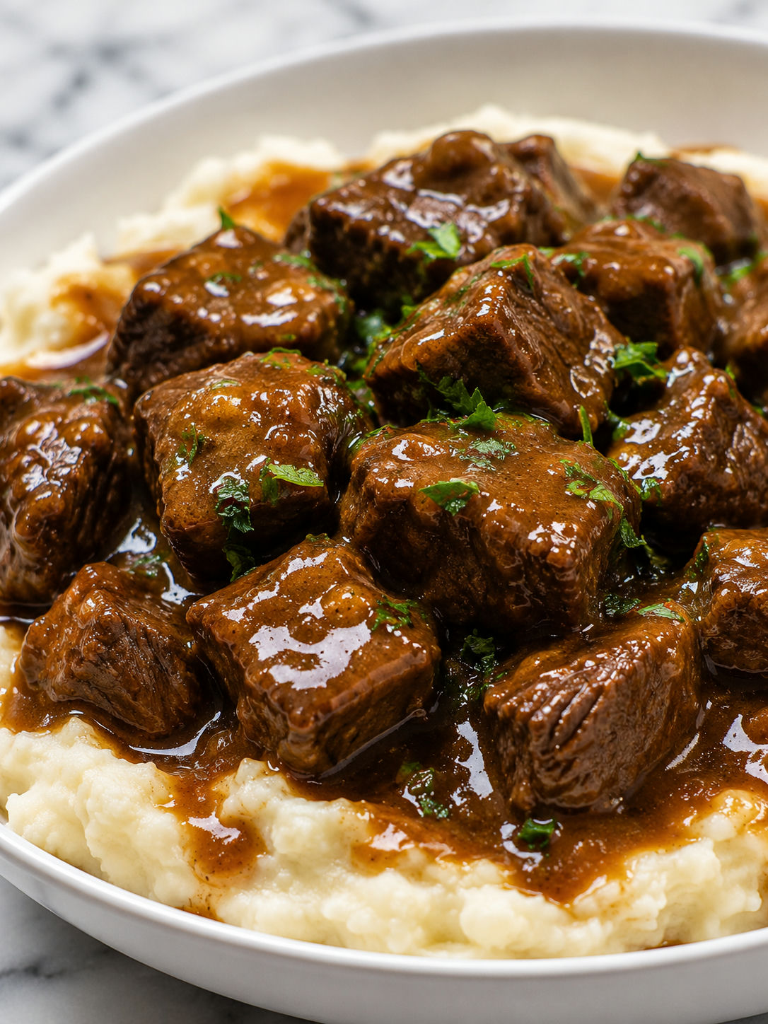 Tender crockpot steak bites with glossy au jus gravy and parsley