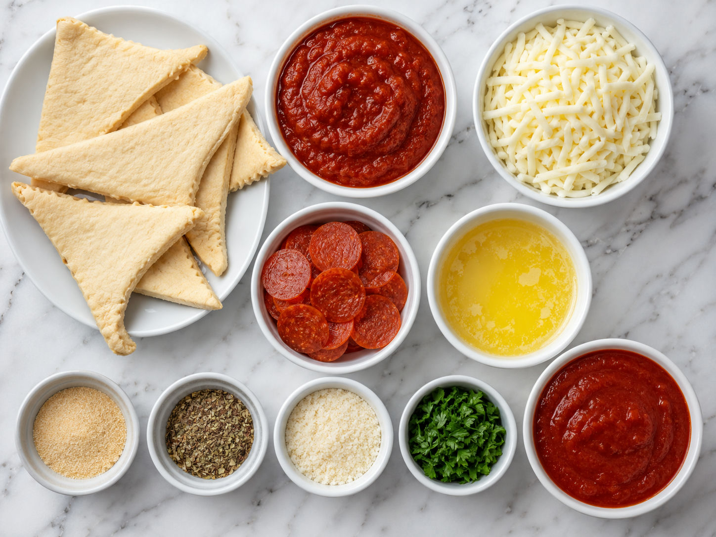 Ingredients for Croissant Pizza Rolls with dough, pepperoni, cheese, and sauce