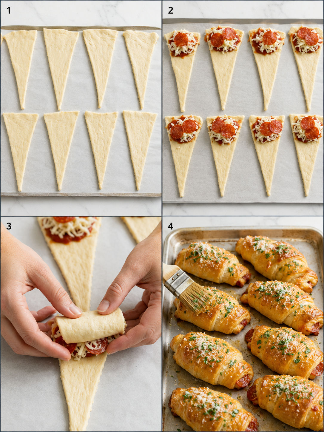 Four steps for filling, rolling, and baking Croissant Pizza Rolls