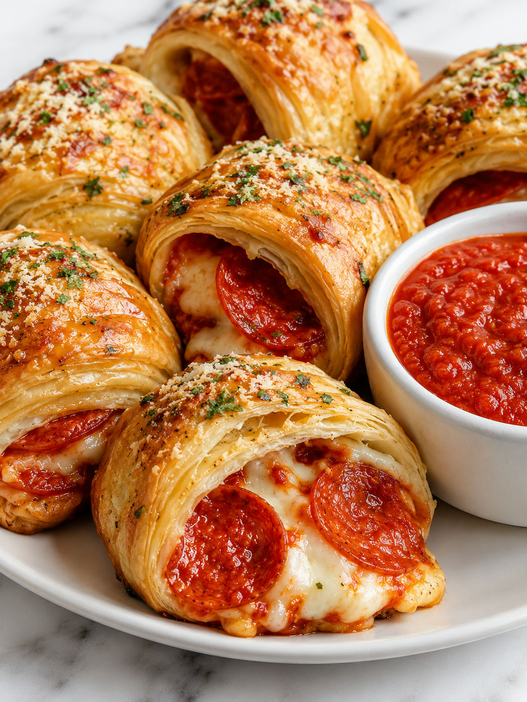 Golden Croissant Pizza Rolls with pepperoni, mozzarella, and marinara