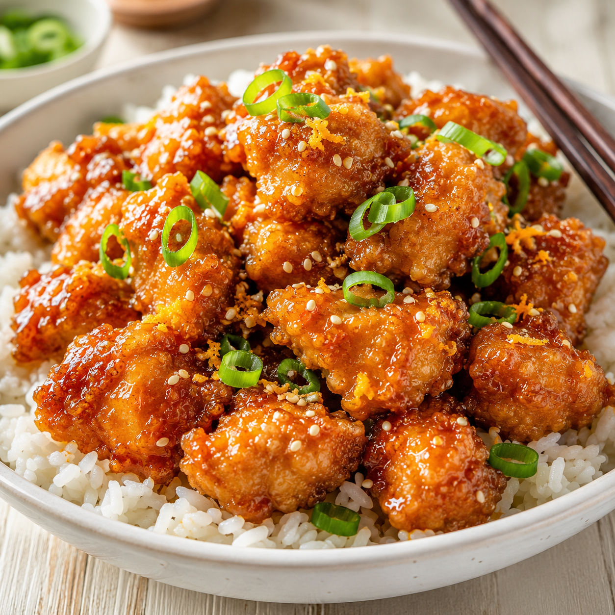 Crunchy baked orange chicken with sesame, scallions, and rice