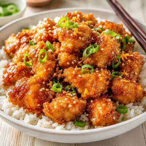 Crunchy baked orange chicken with sesame, scallions, and rice