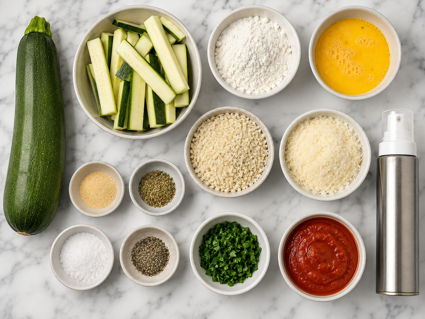 Ingredients for garlic Parmesan zucchini sticks on a kitchen surface