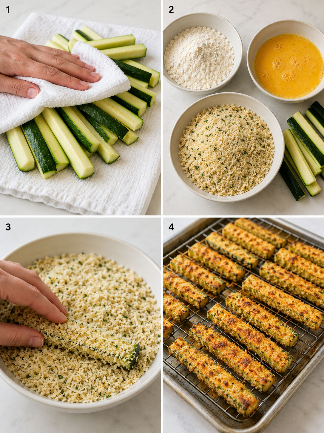 Four steps for breading and baking garlic Parmesan zucchini sticks