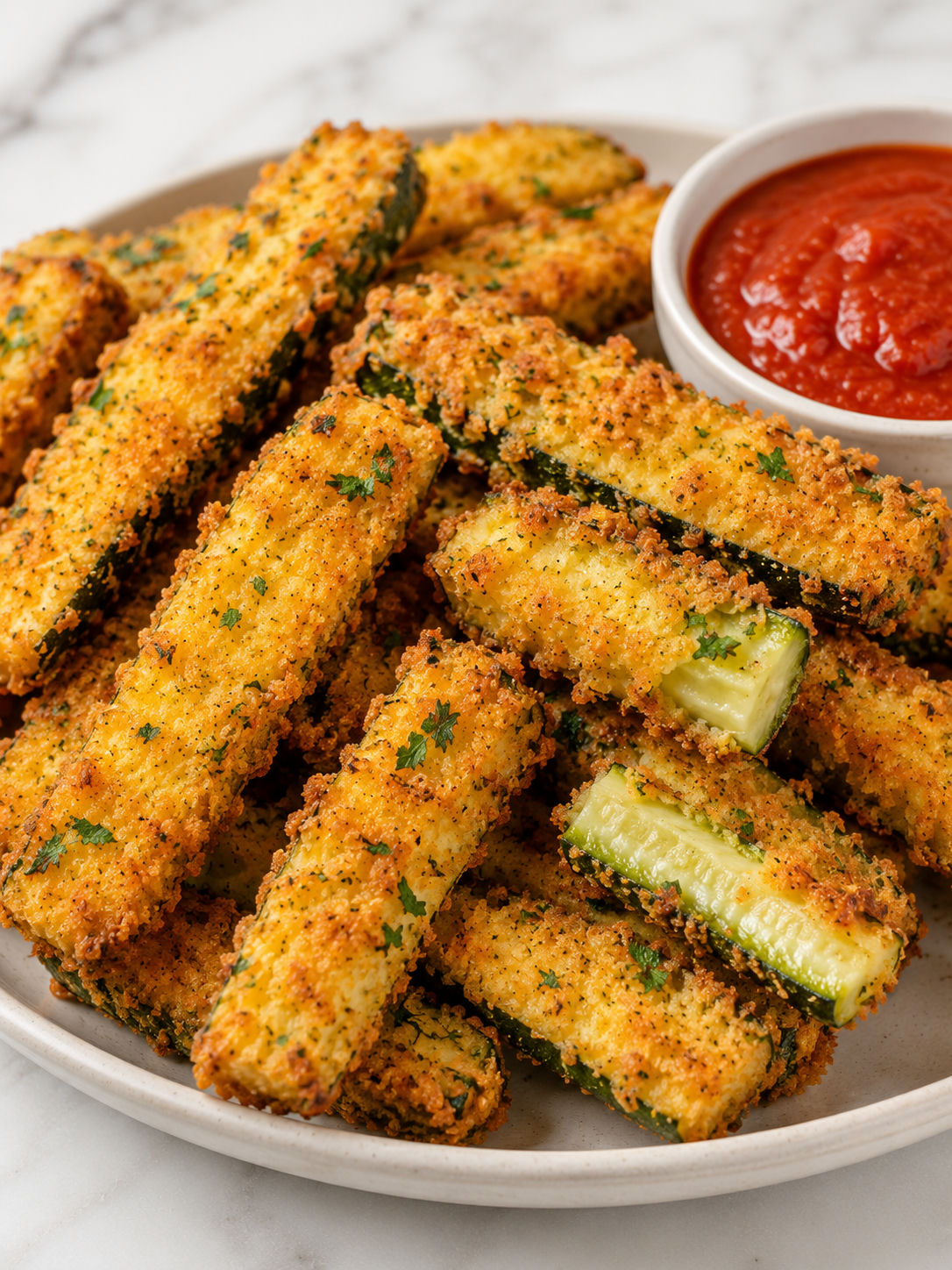 Golden garlic Parmesan zucchini sticks with marinara dip and parsley