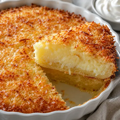 Crustless coconut pie with golden shredded coconut and vanilla custard