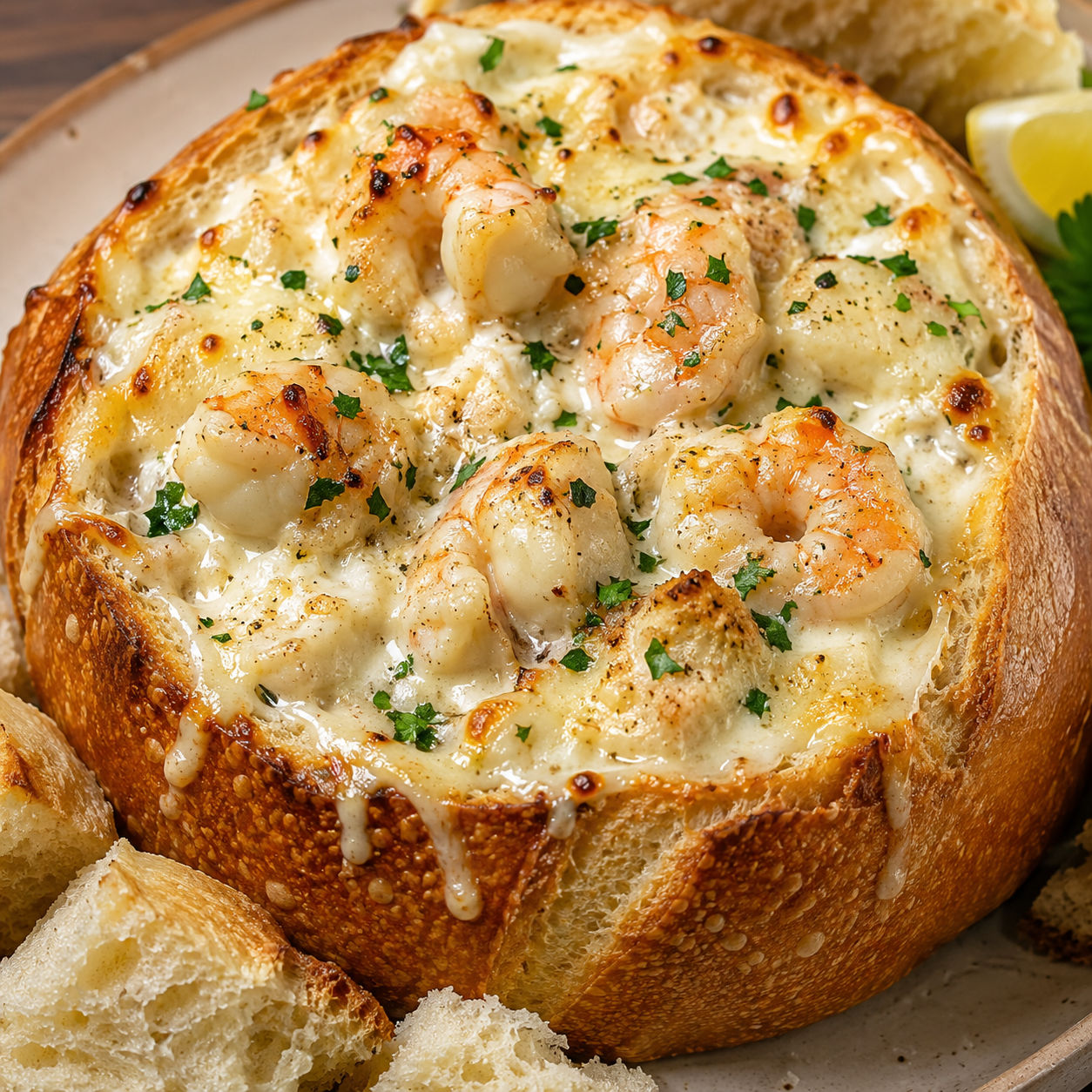 Crusty seafood bread bowl with melted cheese, shrimp, crab, and parsley
