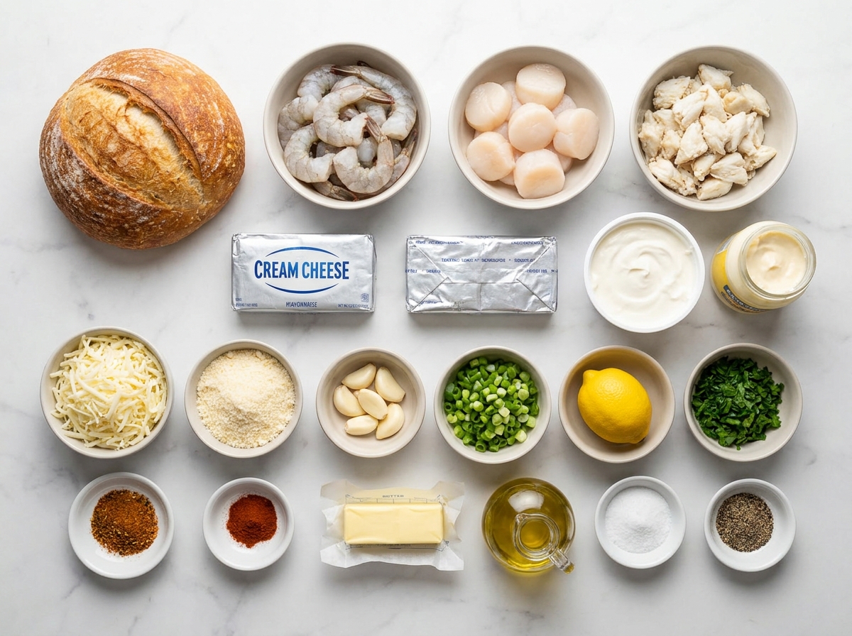 Ingredients for seafood bread bowl with shrimp, crab, scallops, and cheese