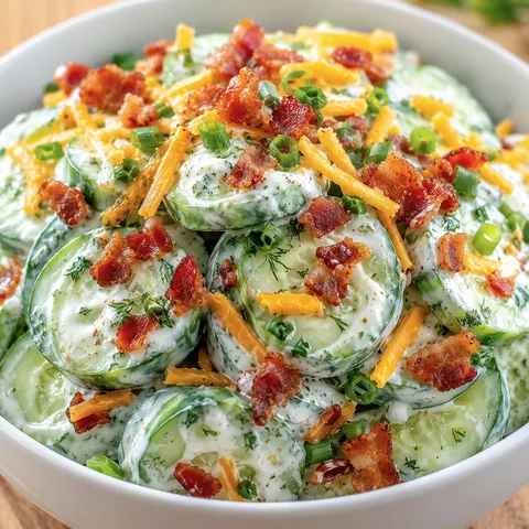 Cucumber ranch salad with bacon, cheddar, green onions, and dill