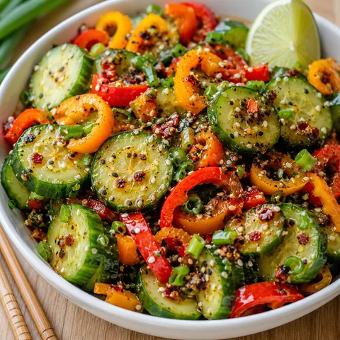 Cucumber salad with sweet peppers, chili crisp, sesame seeds, and green onions
