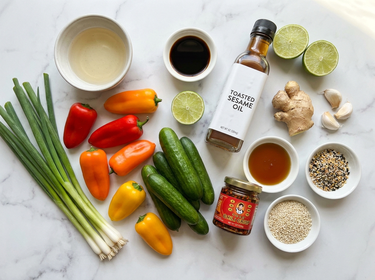 Mini cucumbers, sweet peppers, ginger dressing ingredients, and chili crisp