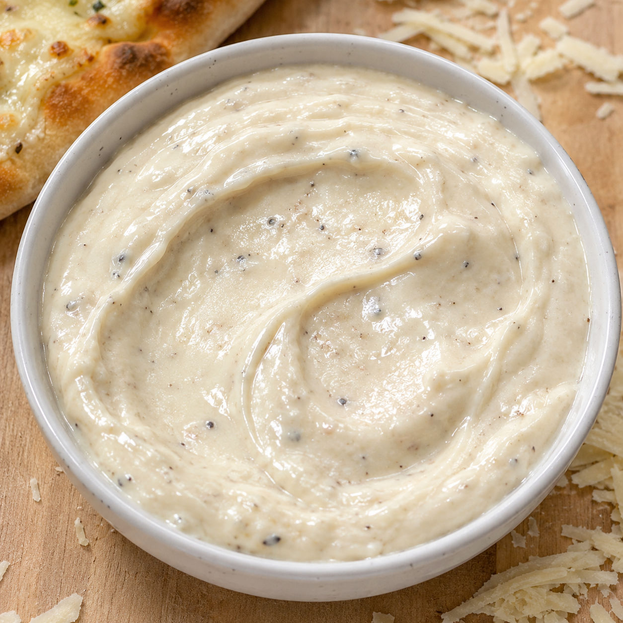 Creamy white garlic pizza sauce in a bowl with Parmesan and pizza crust