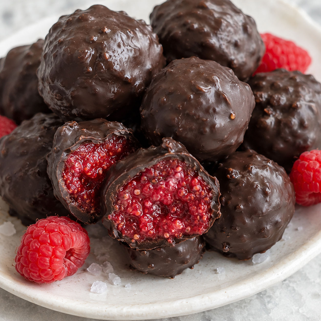 Dark chocolate raspberry chia bites with jammy red centers