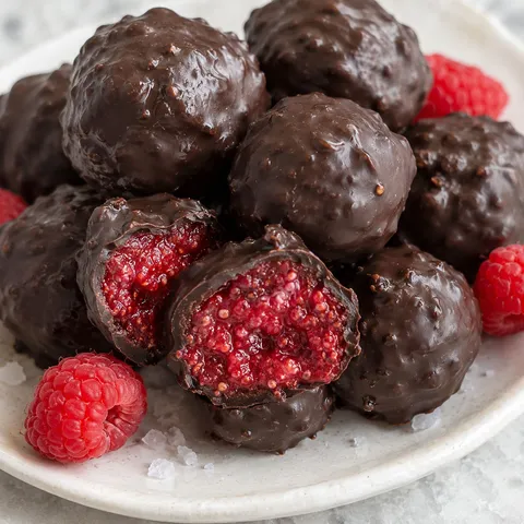 Dark chocolate raspberry chia bites with jammy red centers