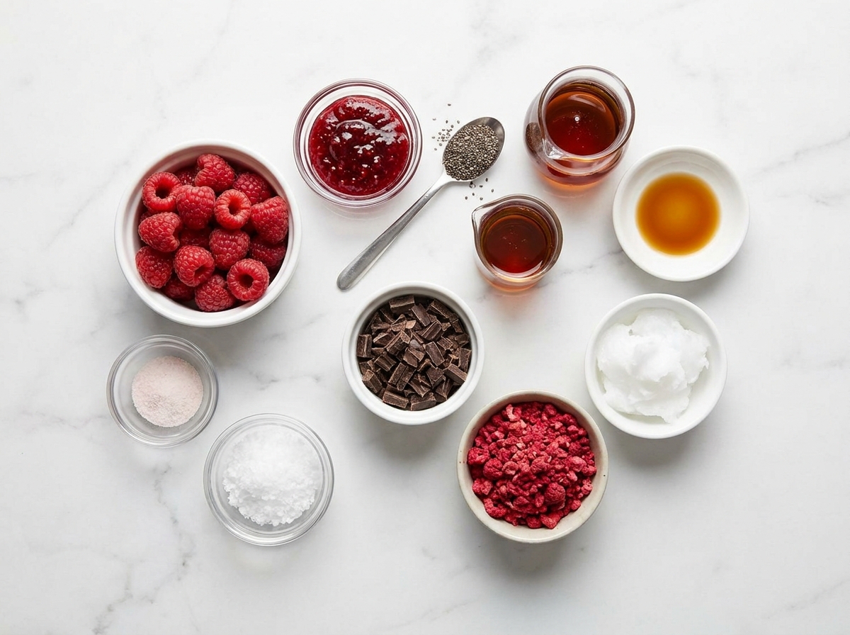 Raspberries, chia seeds, jam, and dark chocolate for chocolate bites