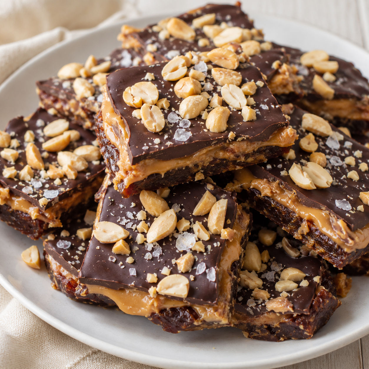 Date Snickers bark with chocolate, peanut butter, peanuts, and flaky salt