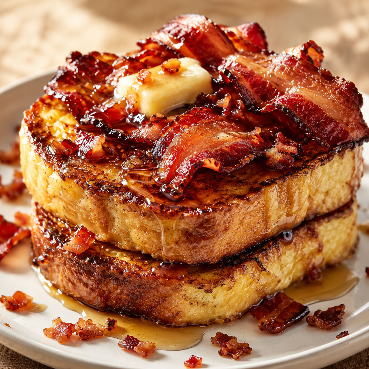 Bourbon maple bacon French toast with syrup and crisp bacon