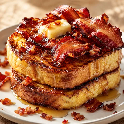 Bourbon maple bacon French toast with syrup and crisp bacon