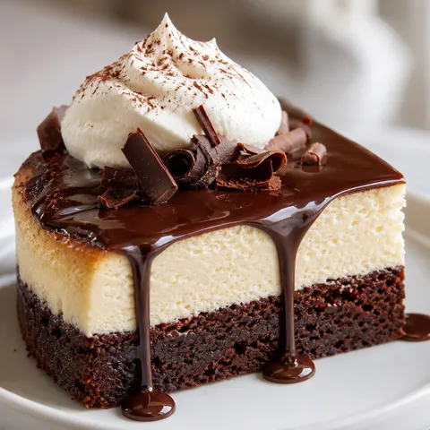 Brownie bottom cheesecake slice with chocolate ganache and whipped cream