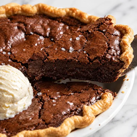 Fudgy brownie pie with flaky crust and vanilla ice cream
