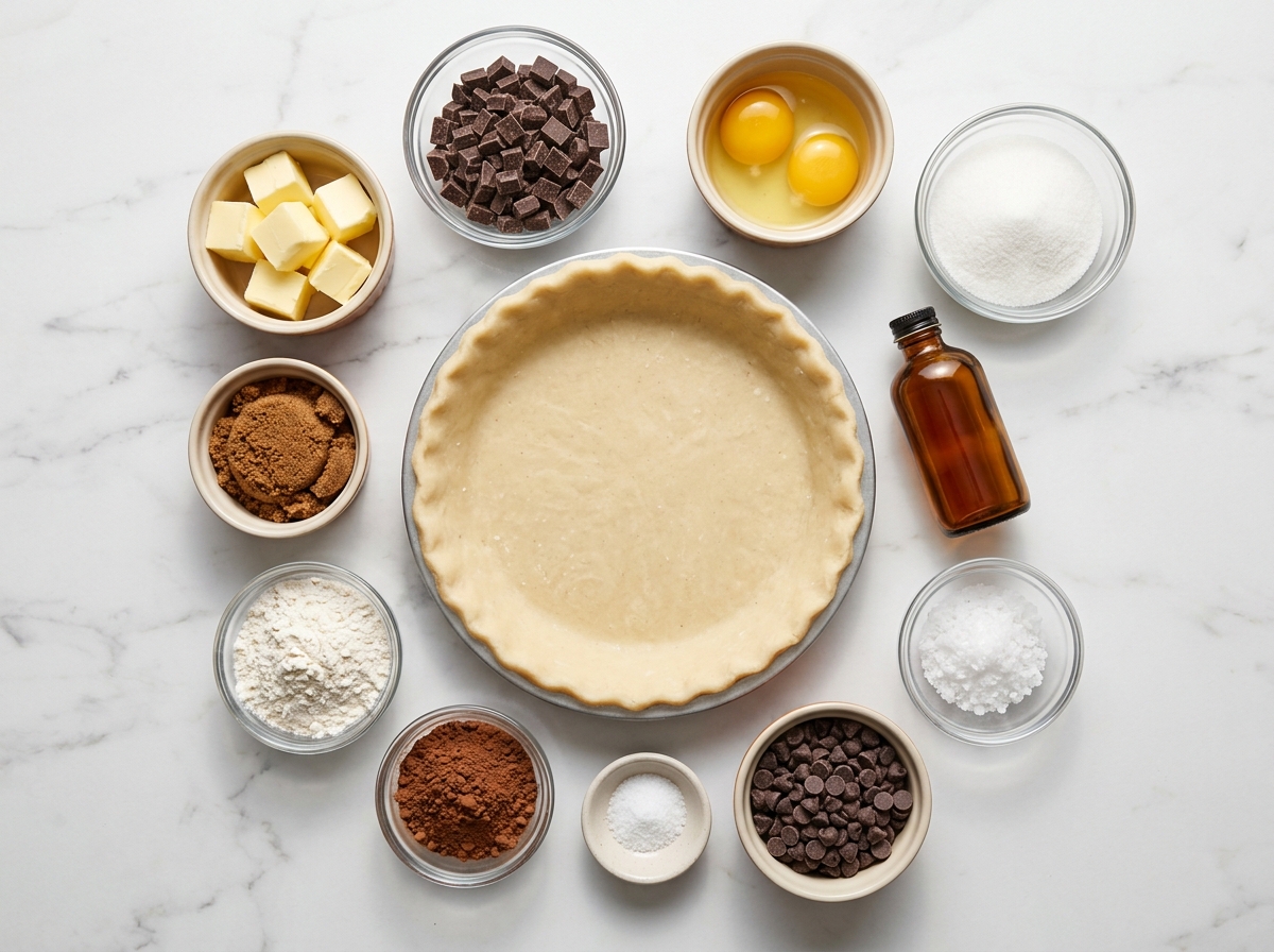 Ingredients for brownie pie with chocolate, eggs, cocoa, butter and pie crust