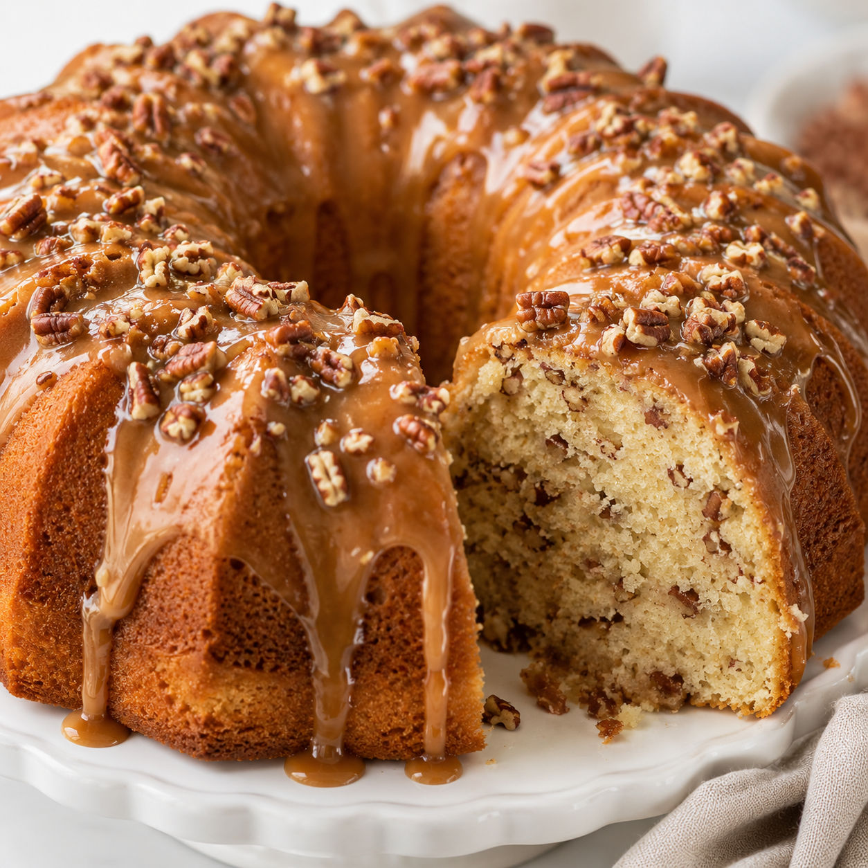 Butter pecan pound cake with caramel glaze and toasted pecans