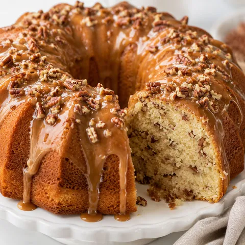Butter pecan pound cake with caramel glaze and toasted pecans