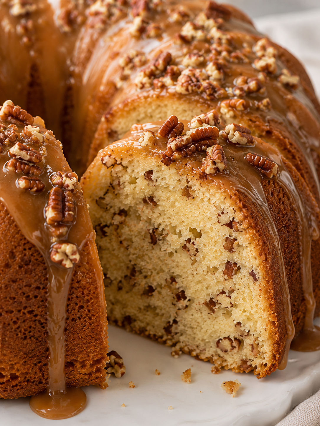 Decadent Butter Pecan Pound Cake, plated and served