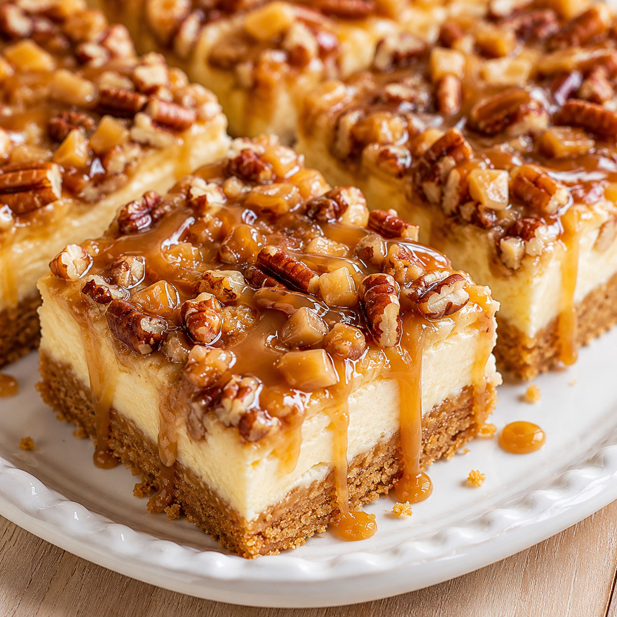 Caramel cheesecake bars with pecans and toffee on a white plate