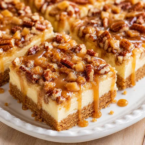 Caramel cheesecake bars with pecans and toffee on a white plate