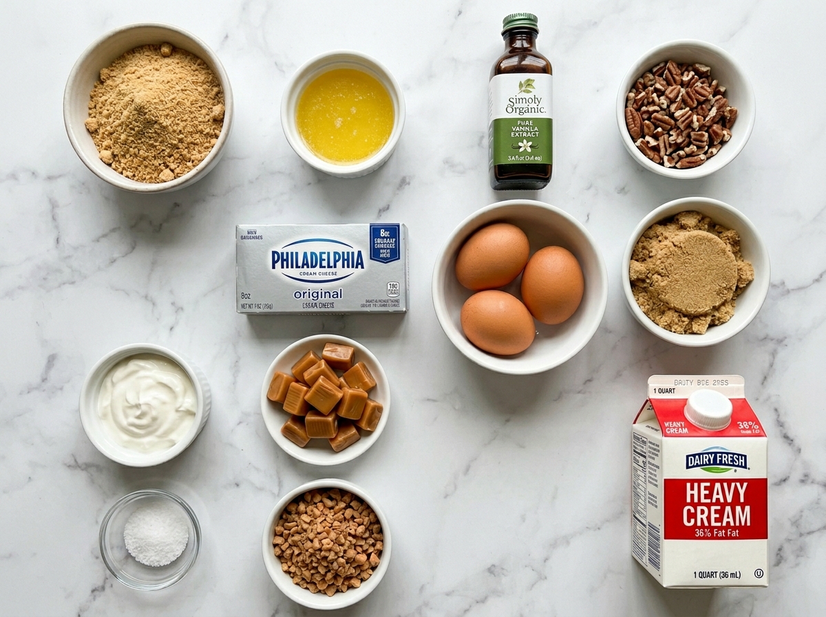 Ingredients for caramel cheesecake bars with cream cheese and caramels