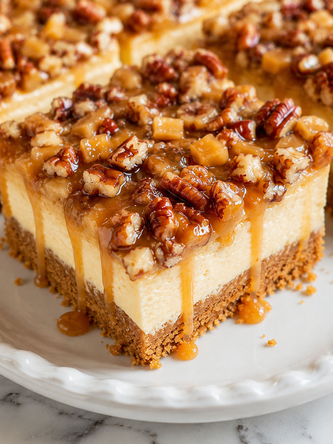 Decadent Caramel Cheesecake Bars, plated and served