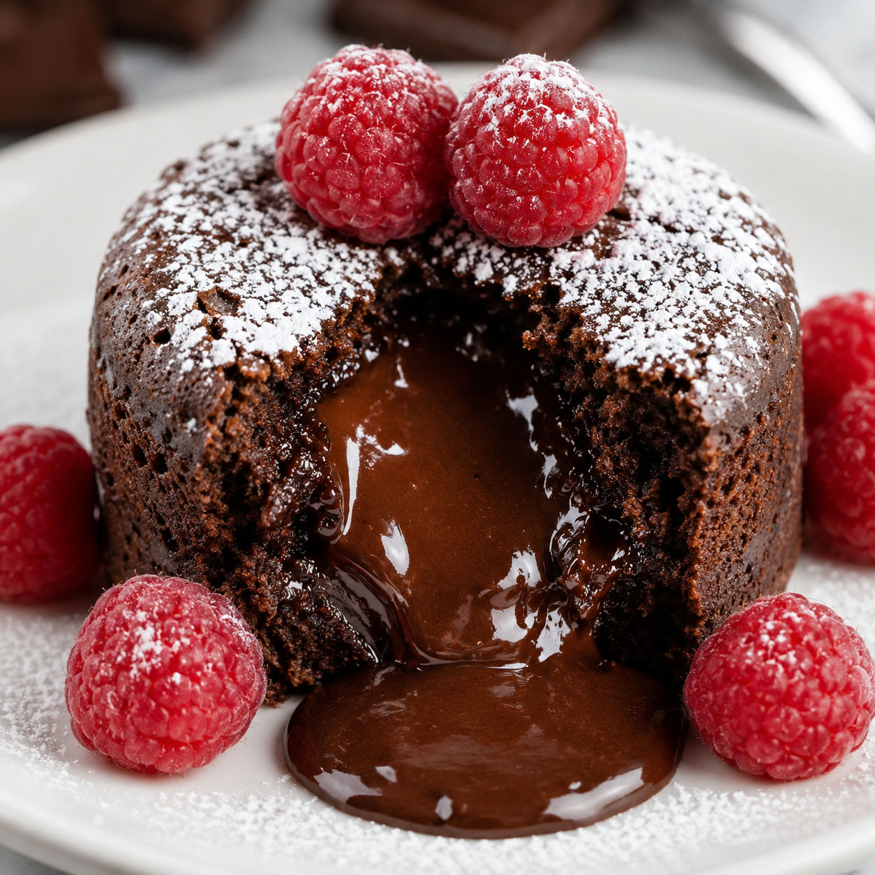 Chocolate lava brownie split open with molten center and raspberries
