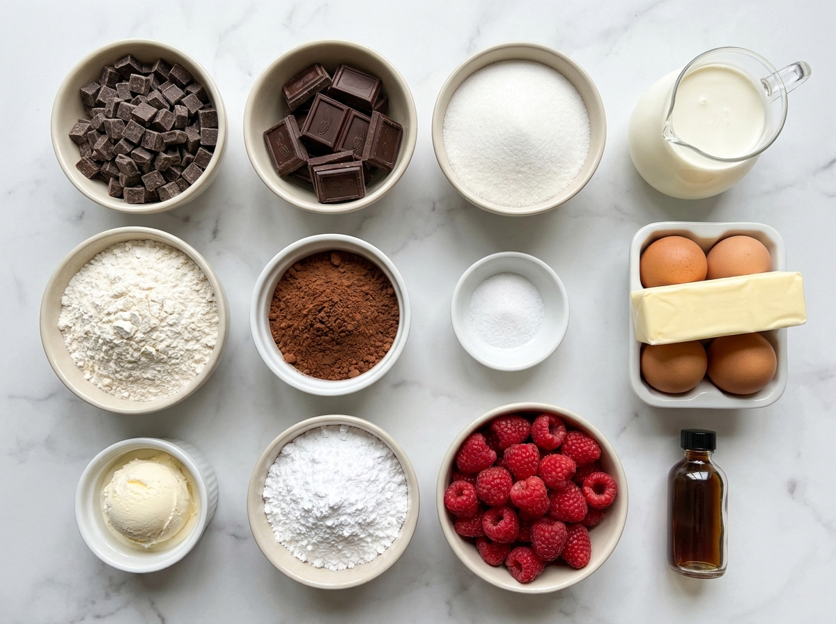 Ingredients for chocolate lava brownies with chocolate, eggs, cream, and raspberries
