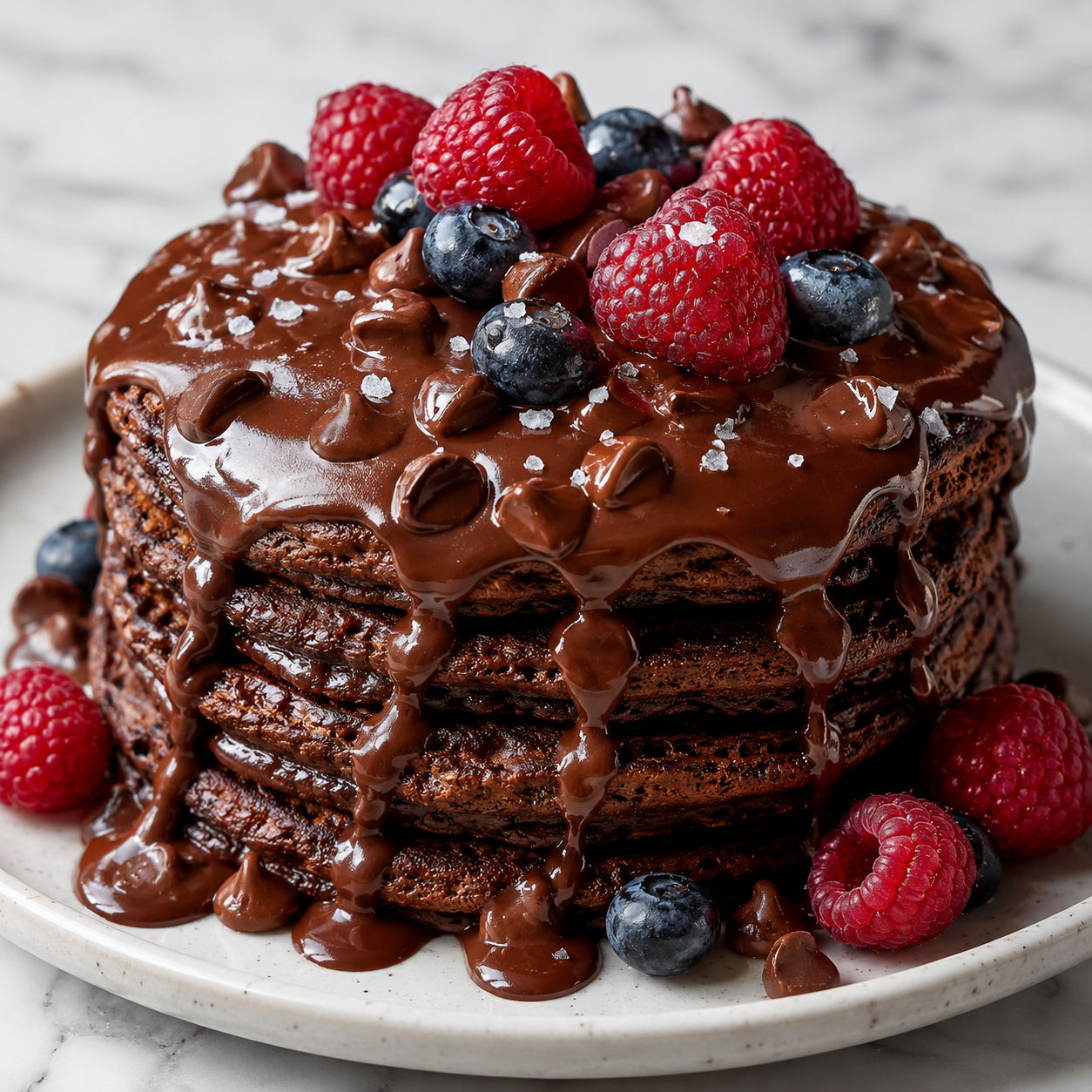 Chocolate pancakes with ganache sauce, berries, and chocolate chips