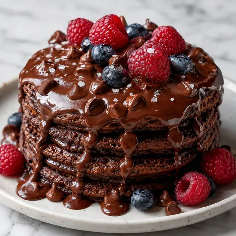 Chocolate pancakes with ganache sauce, berries, and chocolate chips