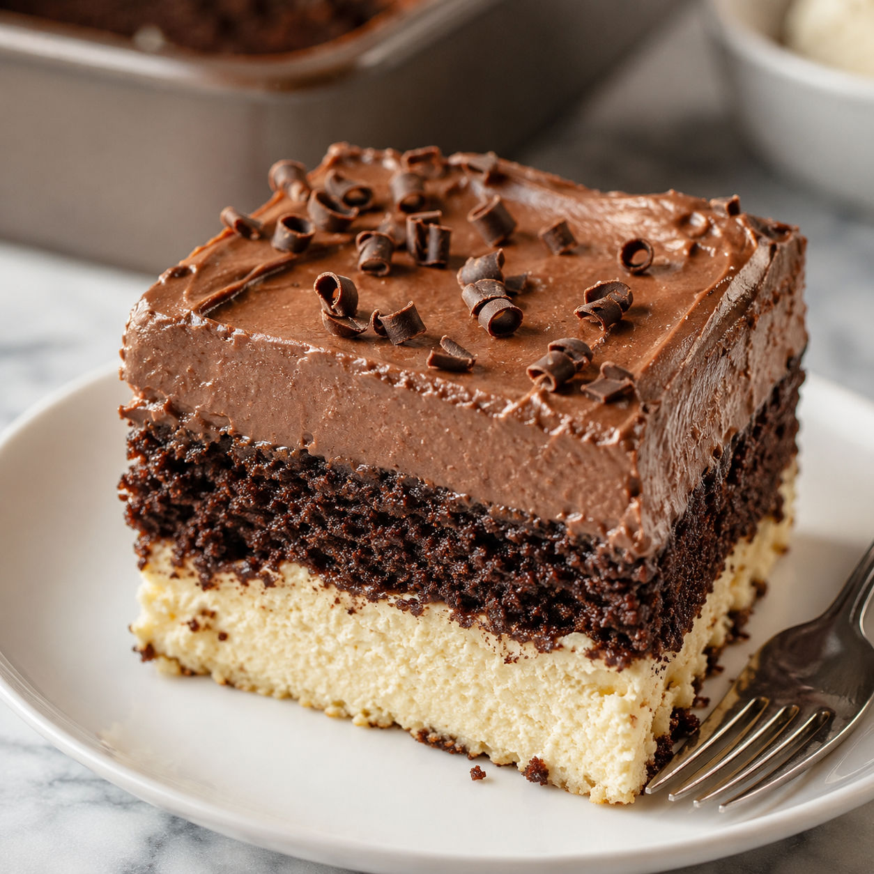 Chocolate ricotta cake slice with pudding frosting and chocolate curls